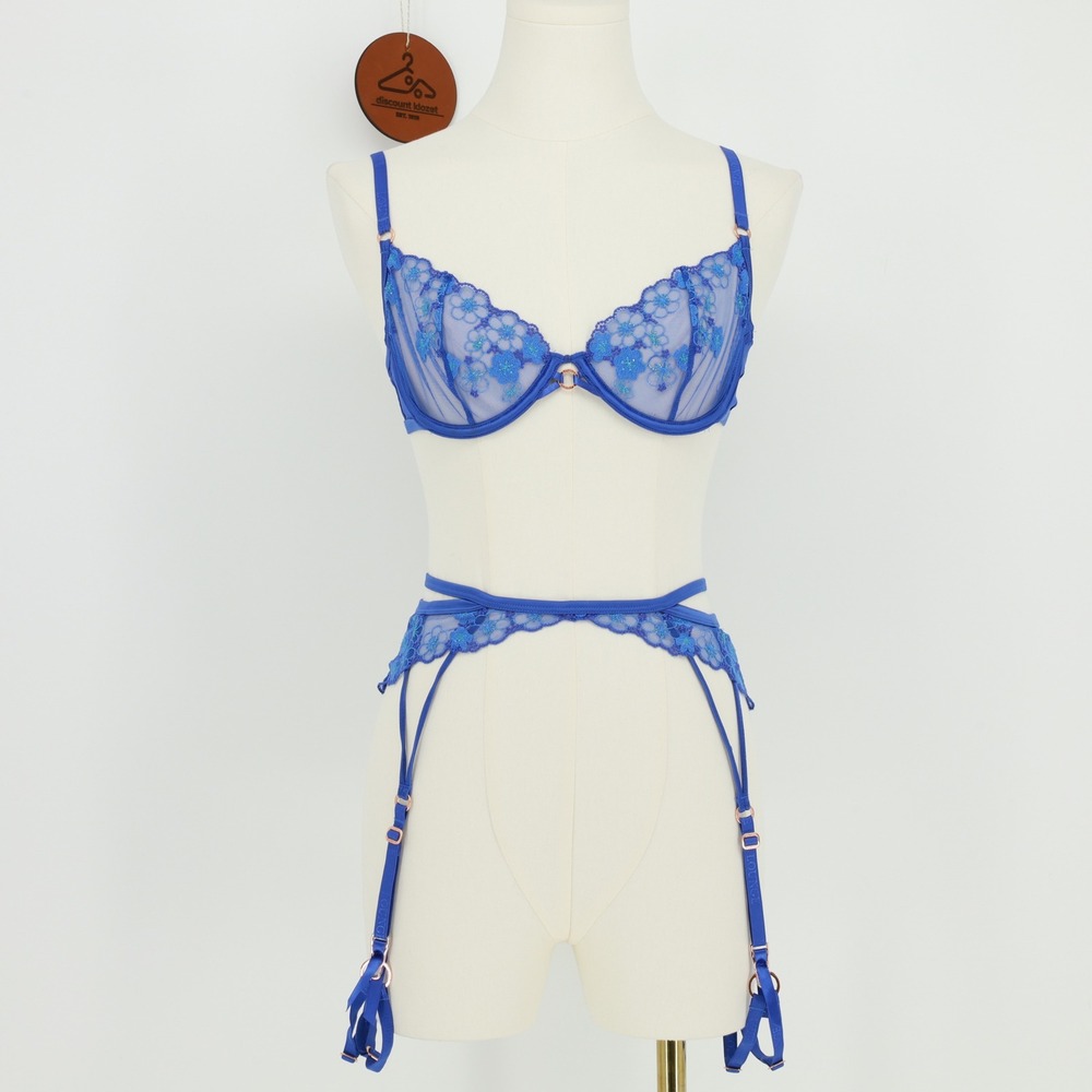 Lounge Tyra 32C Bra and XS Garter Sapphire Blue Floral Lace Romantic